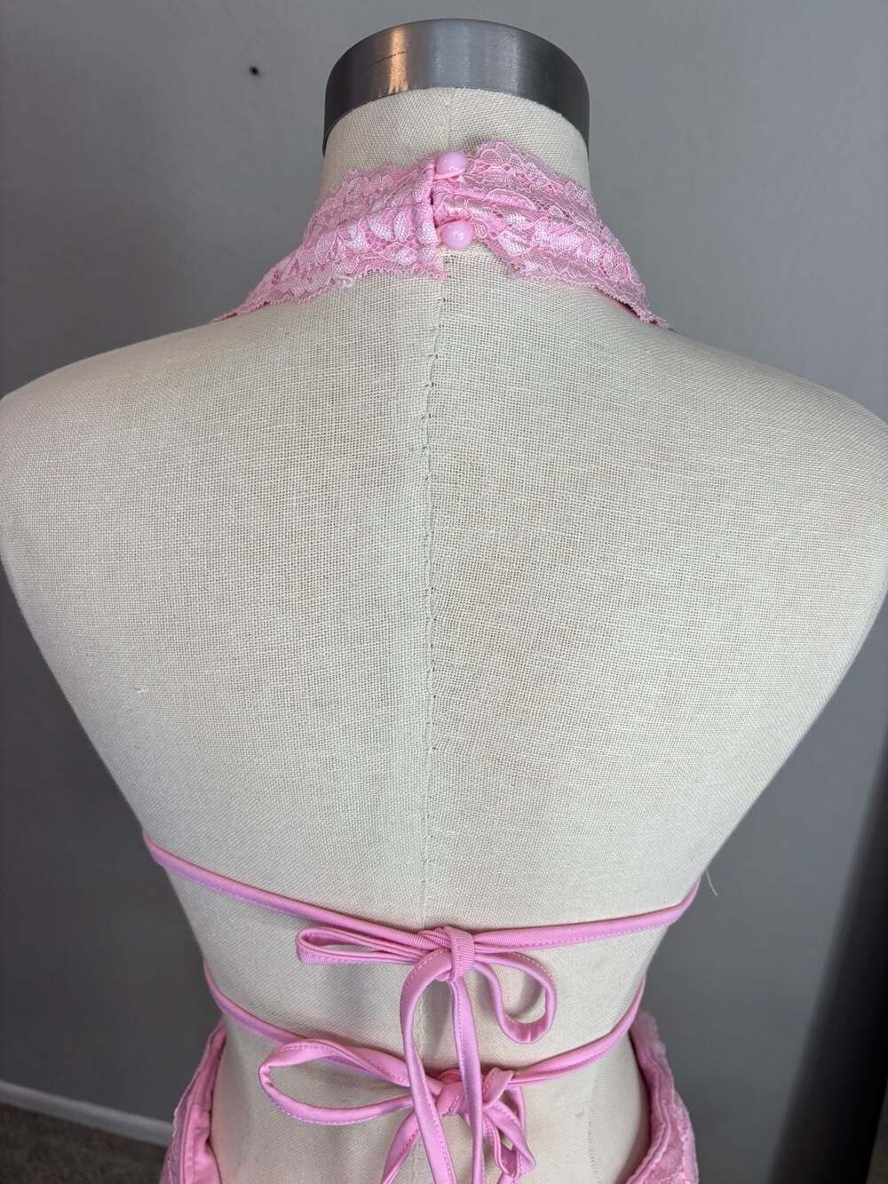 Pink Lace Halter Cut-Out Mini Dress with Rhinestone Detail - Picture 7 of 11